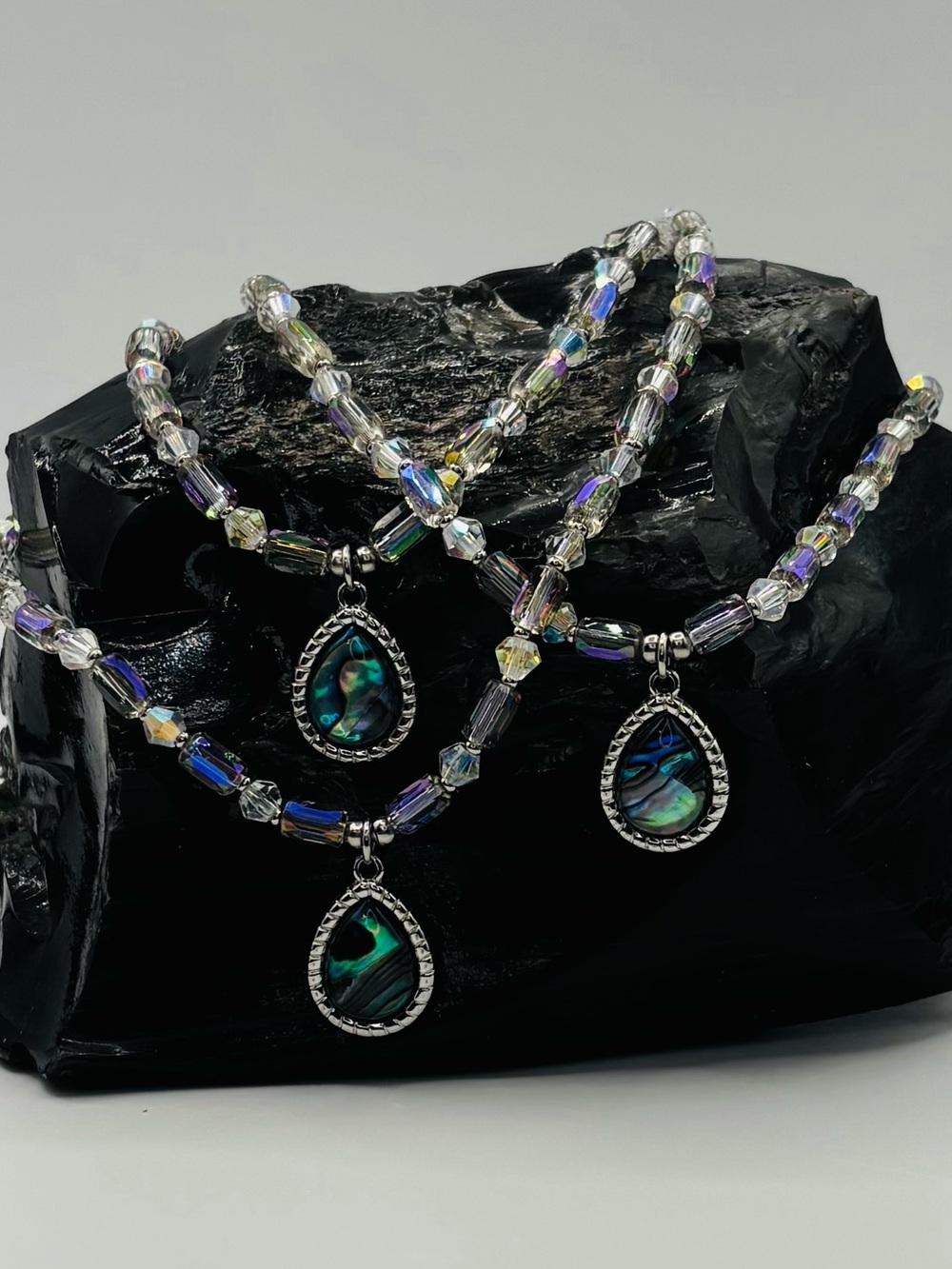 *ANKLET* S. Steel Abalone Teardrop & AB Clear Purple Crystal Stretchy Anklet